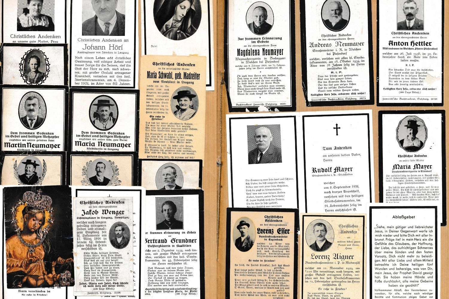 Historische Sterbebilder aus den deutschsprachigen Gebieten des katholischen Mitteleuropas mit Heiligenmotiven, Porträts und biografischen Angaben.